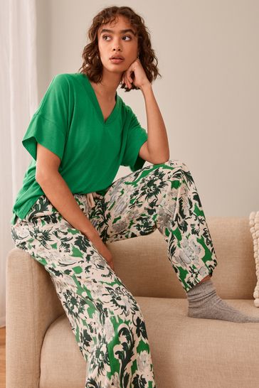 Green Floral Linen Blend Short Sleeve Pyjamas