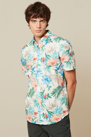 White Printed Floral Short Sleeve Shirt