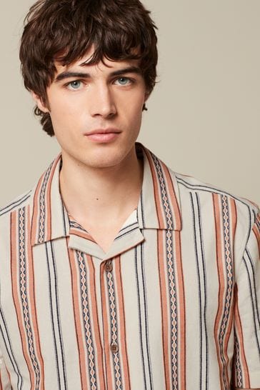 Ecru/Orange Textured Stripe Short Sleeve Cuban Collar Shirt
