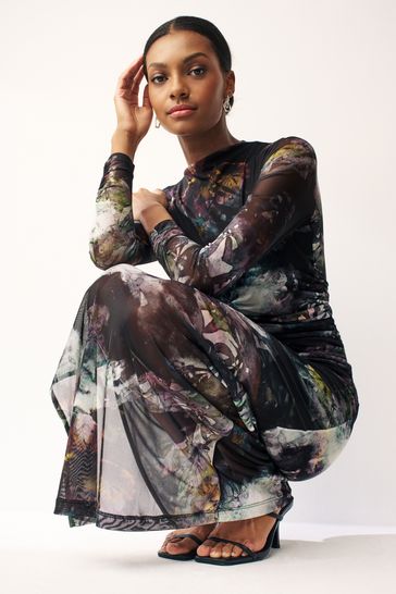 Buy Blurred Floral Long Sleeve Ruched Mesh Midi Dress from Next