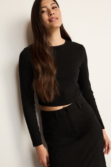 Black Double Layer Ribbed Long Sleeve Crew Neck Top