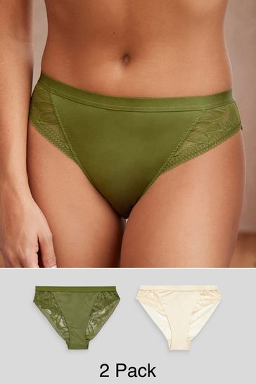 Green/Cream High Leg Microfibre & Lace Knickers 2 Pack