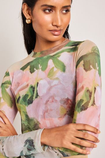 Camille Pissaro Floral License Long Sleeve Mesh Top
