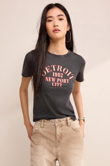 Buy Charcoal Grey Slim Fit Short Sleeve Graphic T Shirt from Next
