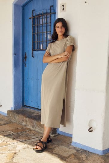 Neutral Short Sleeve Maxi T-Shirt Dress