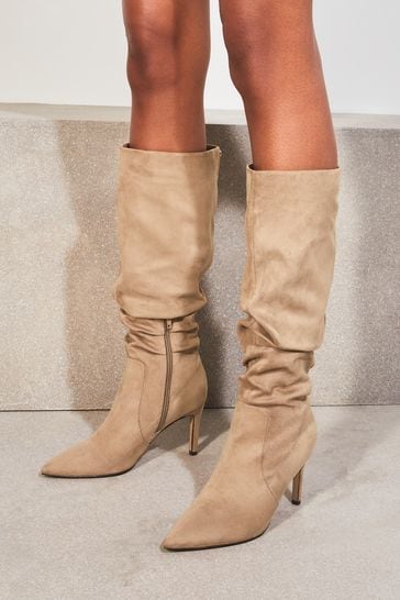 Lipsy Camel Regular Fit Long Knee High Ruched Mid Heeled Boot