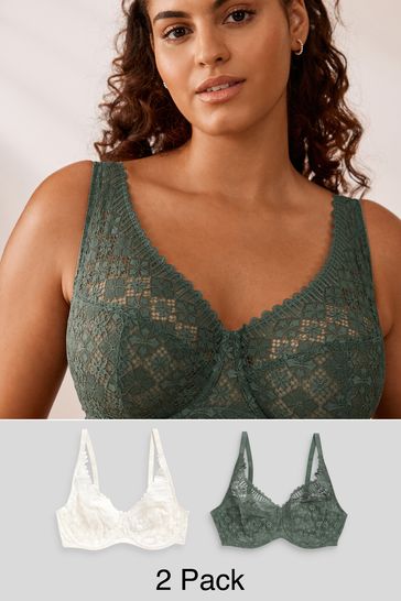 Green/Cream DD+ Non Pad Full Cup Geo Lace Bras 2 Pack