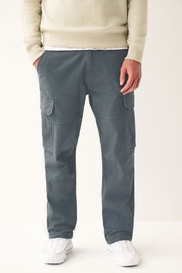 Blue Straight Fit Cotton Stretch Cargo Trousers
