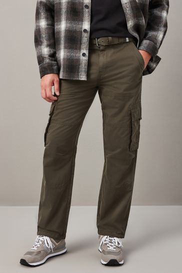 Khaki Green Relaxed Belted Tech Cargo Trousers