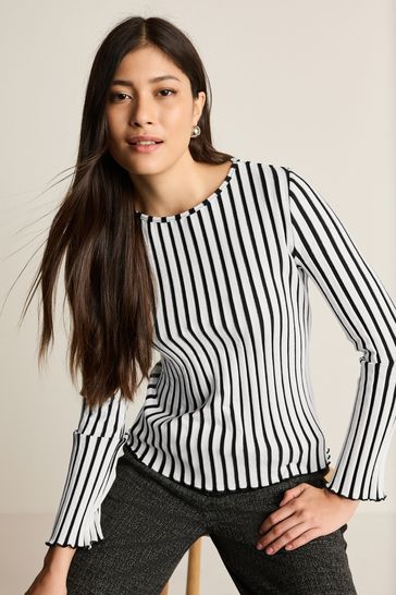 Black/White Monochrome Long Sleeve Striped Ribbed Top