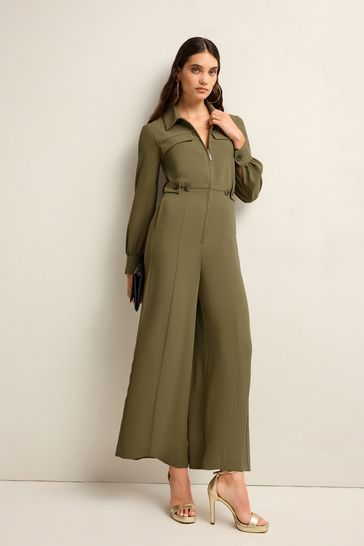 Green Crepe Long Sleeve Wide Leg Jumpsuit