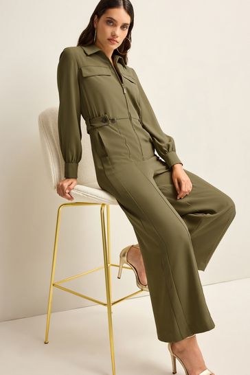 Buy Green Crepe Long Sleeve Wide Leg Jumpsuit from Next