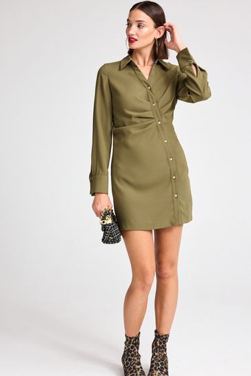 Khaki Green Asymmetric Crepe Mini Dress