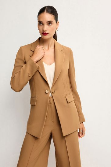 Camel Brown Tailored Crepe Edge to Edge Fitted Blazer