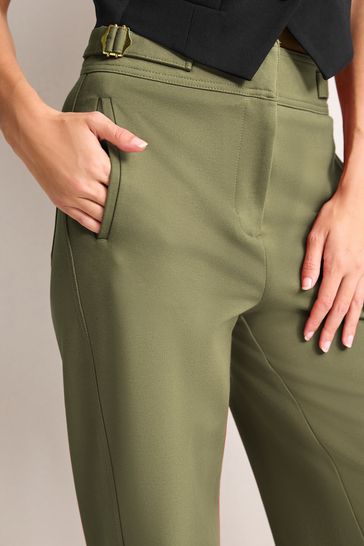 Khaki Green Tailored Ponte Metal Detail Wide Leg Trousers