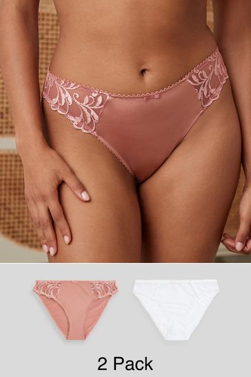 Rose Pink/White High Leg Embroidered Knickers 2 Pack