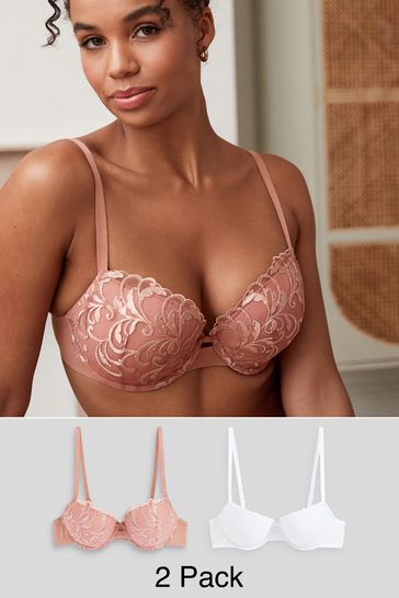 Rose Pink/White Pad Balcony Embroidered Bras 2 Pack