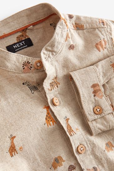 Neutral Long Sleeve Safari Print Grandad Shirt (3mths-7yrs)