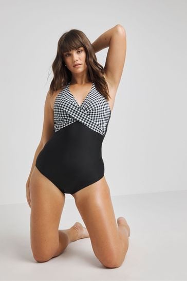 Figleaves Gingham Tailor Twist Underwired Halter Tummy Control Black Swimsuit