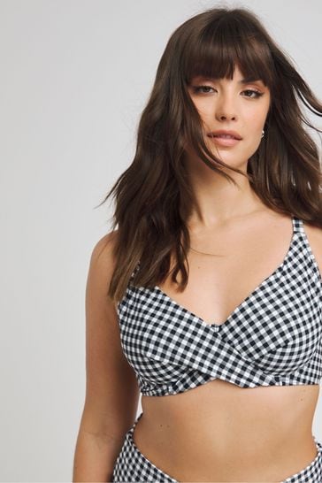 Figleaves Gingham Tailor Underwired Non Pad Wrap Plunge Black Bikini Top