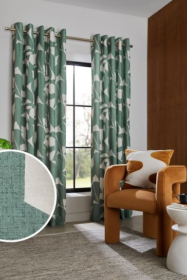 Teal Green Overscale Leaf Eyelet Lined Curtains