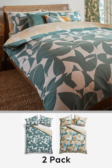 2 Pack Green Painted Leaf Reversible Duvet Cover and Pillowcase Set