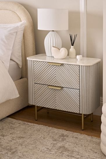 Buy Light Grey Valencia Marble Mango Wood 2 Drawer Wide Bedside