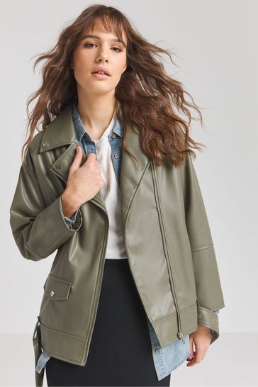 Simply Be Green Oversized Belted Biker Jacket