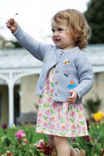 Frugi Grey Bee and Flower Applique Knitted Cardigan