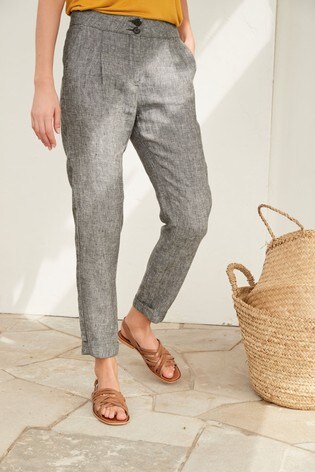 Grey 100% Linen Taper Trousers