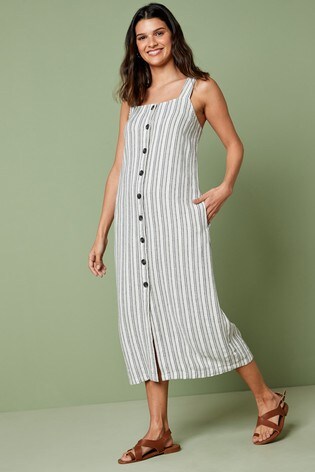 Neutral Stripe Linen Blend Midi Dress