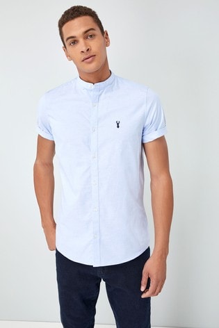 Blue Stretch Oxford Short Sleeve Shirt With Grandad Collar