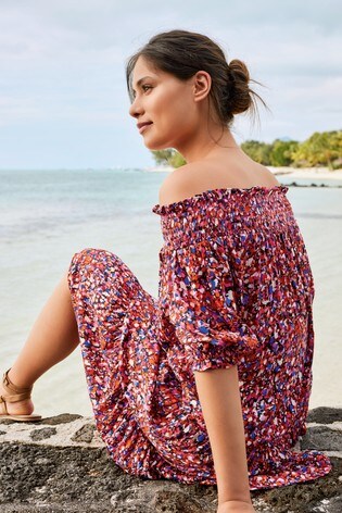 Confetti Print Shirred Off Shoulder Dress