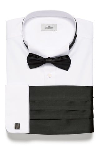 White Regular Fit Double Cuff Wing Collared Shirt With Bow Tie, Cummerbund And Cufflinks