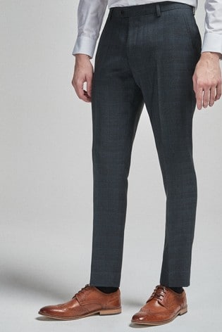 Navy Blue Check Slim Check Formal Trousers