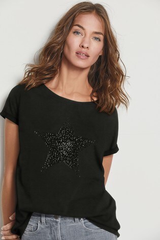 Embellished Star Black Curved Hem T-Shirt