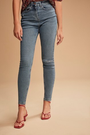 Mid Blue Ripped High Rise Authentic Skinny Jeans