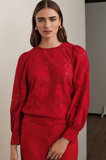 Red Lace Long Sleeve Blouse
