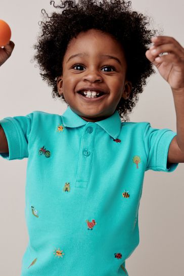 Blue All Over Embroidered Short Sleeve Polo Shirt (3mths-7yrs)