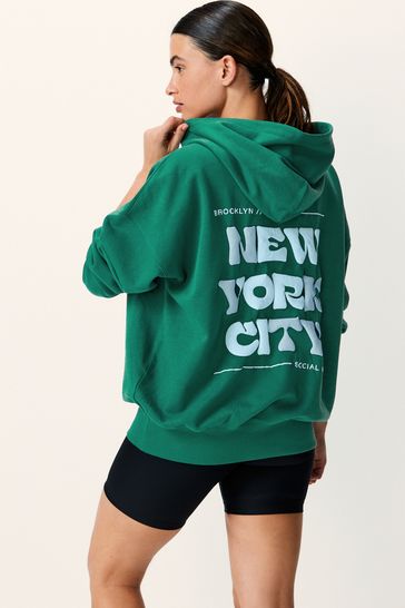 Dark Green Oversized Relaxed Fit New York Back Graphic Slogan Longline Hoodie