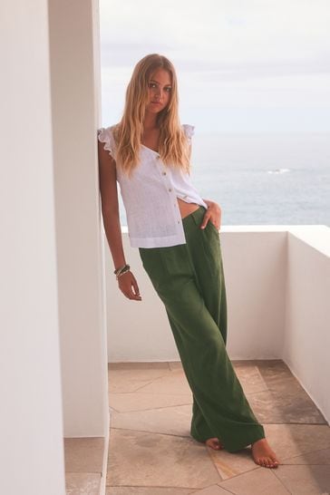 Pantalones verde caqui de mezcla de lino con pernera ancha