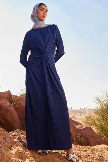 Navy Blue Plisse Long Sleeve Knotted Dress