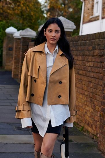 Camel Brown Faux Leather Cropped Trench Coat