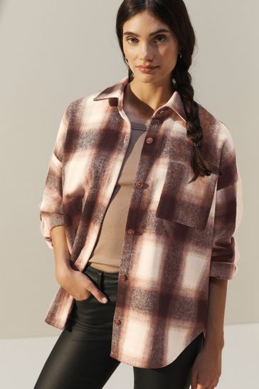 Buy Pink Cream Check Long Sleeve Shacket from Next Singapore