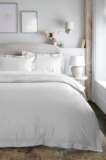 White Oxford Edge Collection Luxe 300 Thread Count 100% Cotton Sateen Oxford Duvet Cover And Pillowcase Set