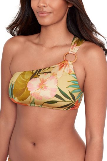 Lauren Ralph Lauren Gold Island Tropical Rattan Ring One Shoulder Bikini Top