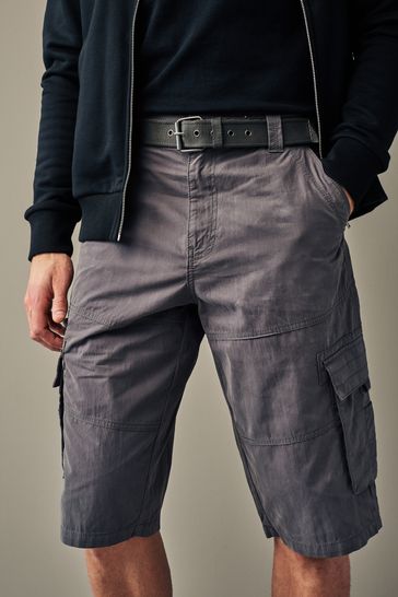 Grey Long Length Belted Cargo Shorts
