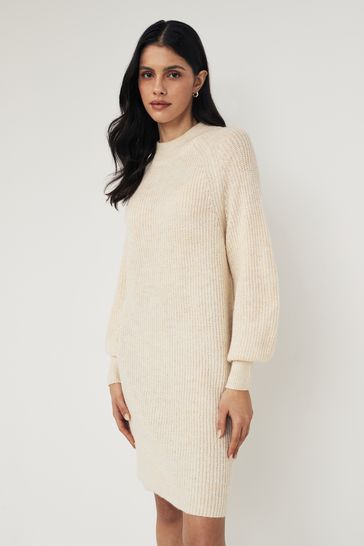 PIECES Cream High Neck Knitted Balloon Sleeve Jumper Dress