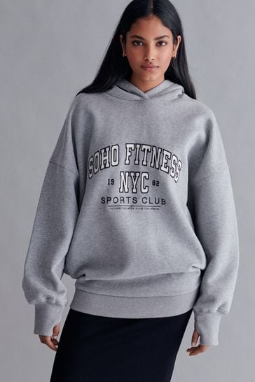 Grey Marl New York City Graphic Oversized Relaxed Fit Active Longline Overhead Hoodie