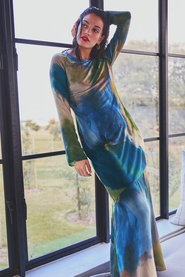 Blue Digital Abstract Print Long Sleeve Column Maxi Dress